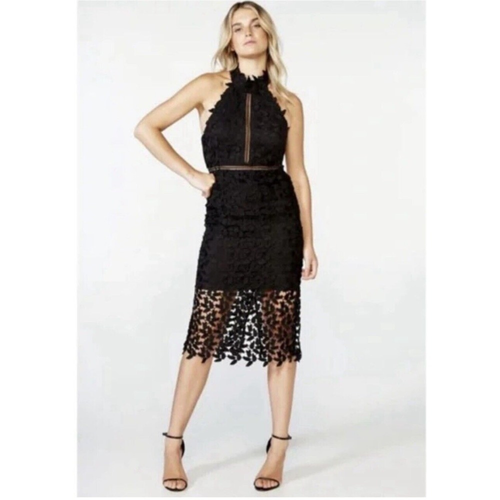 BARDOT Gemma Halter Floral Leaf Black Lace‎ Bodycon Midi Dress Size 6/S